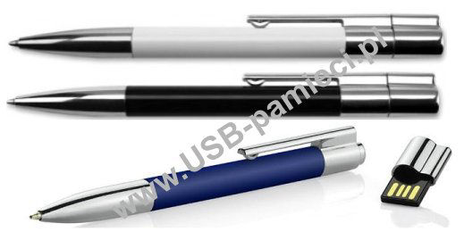 D-16  Pendrive w długopisie, metalowy, kolor czarny, biały, niebieski.
